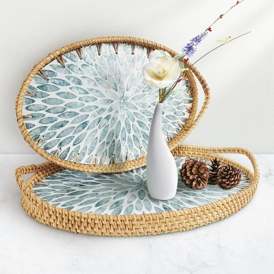 Attop 2-Pack Serving Tray, Rattan Wicker Shell Decorative Tray with Handles, Platters for Home Kitchen Living Room Table Blue