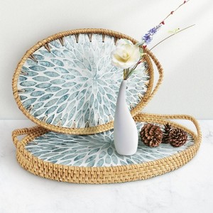 Attop 2-Pack Serving Tray, Rattan Wicker Shell Decorative Tray with Handles, Platters for Home Kitchen Living Room Table Blue - 1 of 4