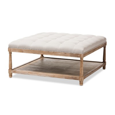 Carlotta French Country Weathered Oak Linen Square Coffee Table Ottoman Beige - Baxton Studio