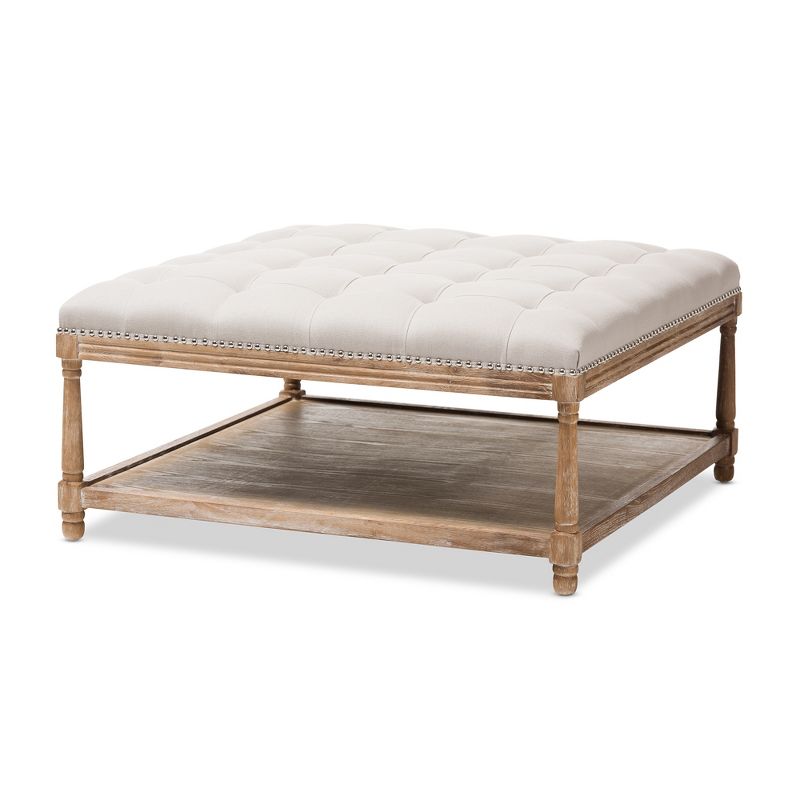 Carlotta French Country Weathered Oak Linen Square Coffee Table Ottoman Beige - Baxton Studio, 1 of 9