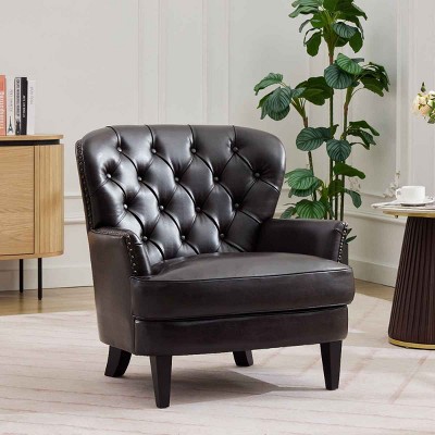 Vintage Lounge Chair with Nailhead Trim, Chair with Curved Backrest for Living Room, Wood Frame Chair with Polyester Cushion-Coolbibila