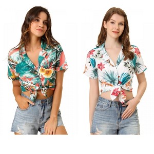 Allegra K Women's Hawaiian Floral Leaves Printed Short Sleeve Button Down Vintage Shirt 2 Pcs - 1 of 4