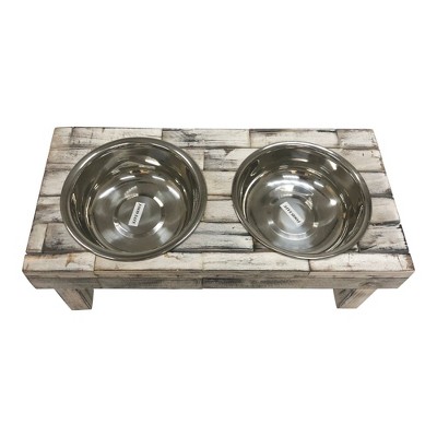Large White Wash Reclaimed Wood Elevated Double Bowl Feeder