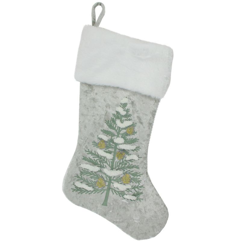 Northlight 20" Snow Covered Green Tree Gray Christmas Stocking with White Cuff, 1 of 4