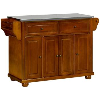 HOMCOM Triple-Cabinet Double-Drawer Kitchen Island with Storage, Butcher Block Island with Stainless Steel Top, Spice & Towel Rack, Brown Wood Finish