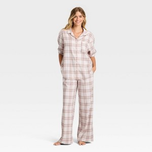 Women's Flannel Long Sleeve Button Down Shirt and Pants Pajama Set - Auden™ - 1 of 3