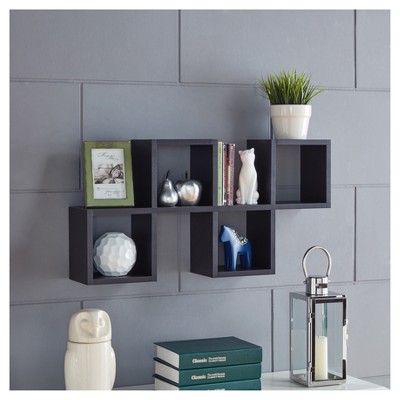 Black MDF Contemporary Floating Wall Shelf with Cubby Holes