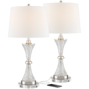 Regency Hill Luca Modern Table Lamps Set of 2 with Round Risers 26 1/2" High Glass USB Charging Port Fabric Drum Shade for Living Room Desk Office - 1 of 4