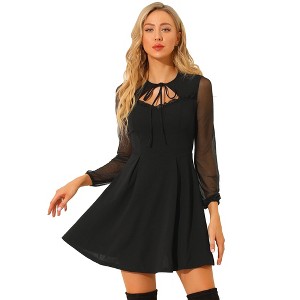 INSPIRE CHIC Women's Tie Neck Ruffled Mesh Long Sleeve Mini Dress - 1 of 4