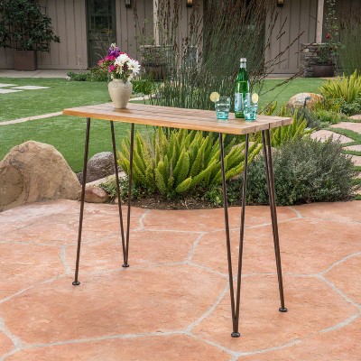 Teak and Metal Industrial Outdoor Bar Table