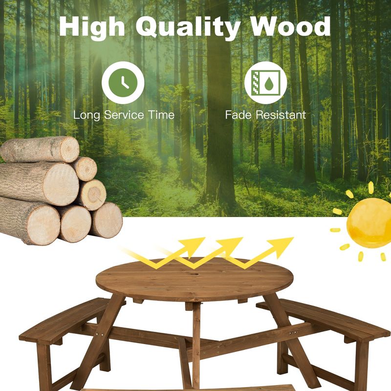 Costway 6-person Round Wooden Picnic Table Outdoor Table w/ Umbrella Hole & Benches, 5 of 11
