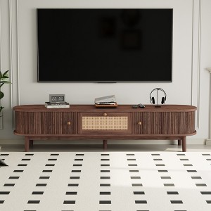 Modern 75" TV Stand with Rattan Drawer & Sliding Doors, Stylish Media Console Wood Entertainment Center with 2 Storage Cabinets, Dark Brown - HABITRIO - 1 of 4