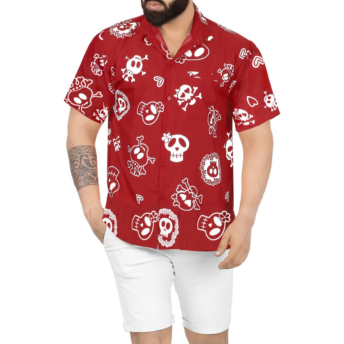 LA LEELA Men's Halloween Hawaiian Shirts Short Sleeve Button Down Shirt Mens Pirates Party Shirts Casual Holiday Shirts for Men Funny 5XL Red, Skull