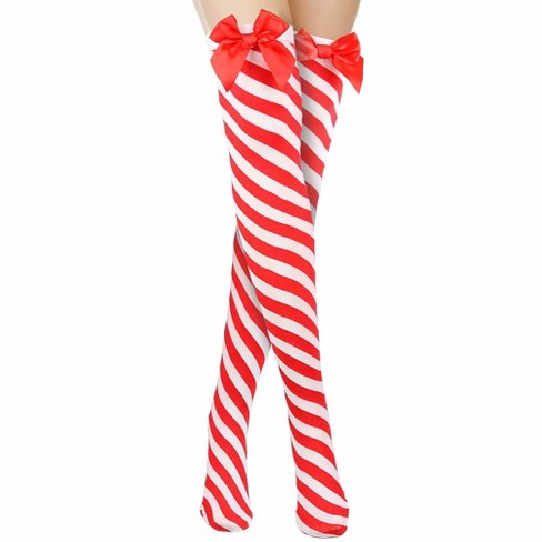  8 Pairs Christmas Candy Cane Thigh High Socks Red and White  Stripe High Sock with Bow Over Knee Stockings and Gloves Set Candy Costume  for Women Girls Arm Warmer Xmas Holiday