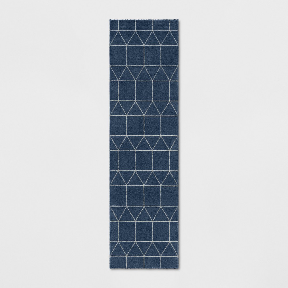  Elle Linear Grid Woven Runner Rug Navy