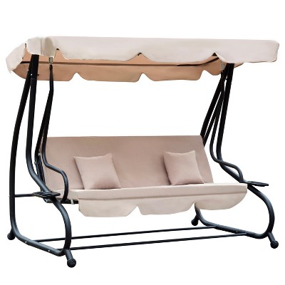 Outsunny 3 Seat Outdoor Free Standing Swing Bench Porch Swing with Stand, Comfortable Cushioned Fabric & Included Canopy