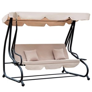 Outsunny 3 Seat Outdoor Free Standing Swing Bench Porch Swing with Stand, Comfortable Cushioned Fabric & Included Canopy - 1 of 4