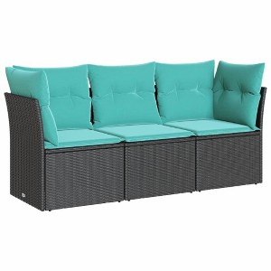 vidaXL 3 Piece Patio Sofa Set with Cushions Black Poly Rattan - Black and Blue Without Table - 1 of 4