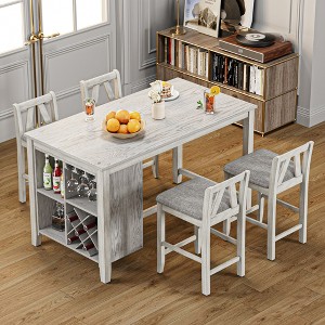 VECELO 5-Piece Dining Table Set with Storage Shelf, Wine Rack & Glass Holder, Kitchen Table Set with 4 Upholstered Bar Stools, Gray - 1 of 4