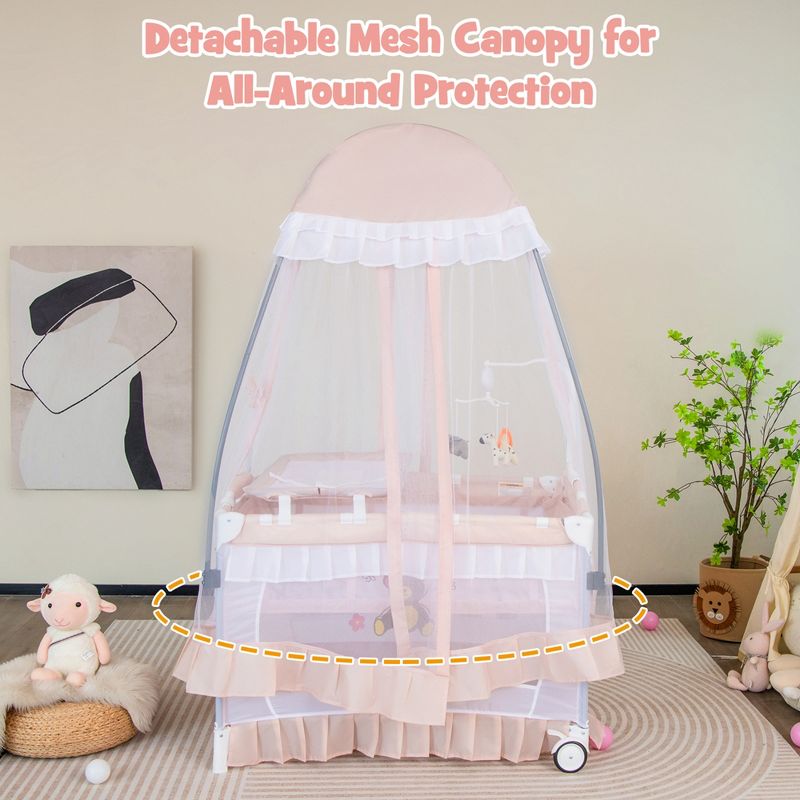 Babyjoy Portable Playpen Crib Cradle Baby Bassinet Changing Pad Mosquito Net with Bag Light Pink/Grey/Pink, 3 of 11