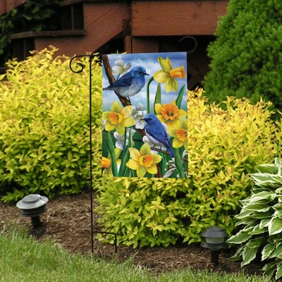 Bluebirds and Daffodils Spring Garden Flag in Multicolor Polyester