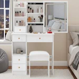 FONTOI 29.2"W/37"W/41"W Makeup Vanity Table Desk with Mirror Left Bedside Cabinet Stool Dresser Set for Woman Bedroom Dressing Room, Black/White - 1 of 4