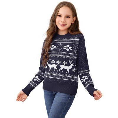 Matching Christmas Sweaters for Family Boys Girls Crew Neck Reindeer Snowflakes Knitted Funny Pullover Sweaters,Navy (Kids) - XL