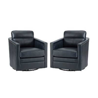 Set of 2 Eulalia 28.74''Wooden Upholstery Wide Genuine Leather Swivel Chair with Swivel Metal Base and  Squared Arms | ARTFUL LIVING DESIGN