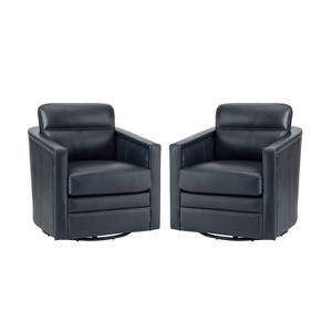Set of 2 Eulalia 28.74 Wooden Upholstery Wide Genuine Leather Swivel Chair with Swivel Metal Base and Squared Arms| ART OF LIVING DESIGNS - 1 of 4