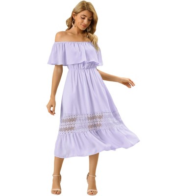 Allegra K Women's Off Shoulder Ruffle Lace Insert High Waist Short Sleeve Flowy Maxi Dress