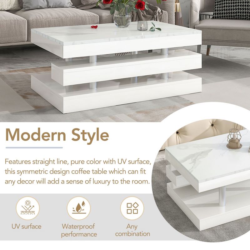 Modern 2-Tier Coffee Table with Silver Metal Legs, Rectangle Cocktail Table with High-gloss UV Surface-ModernLuxe, 4 of 15