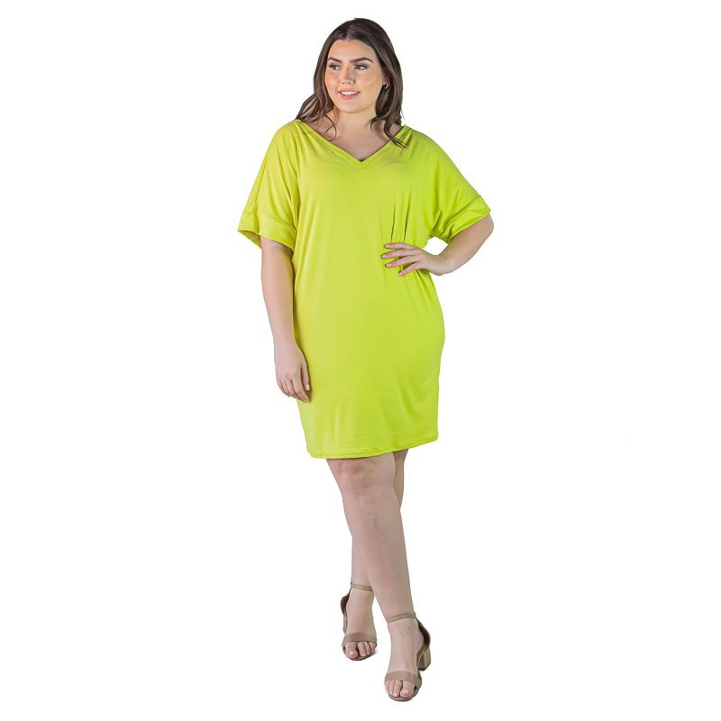 24seven Comfort Apparel Plus Size Solid Color Loose Fit V Neck T Shirt Style Knee Length Dress, 1 of 7