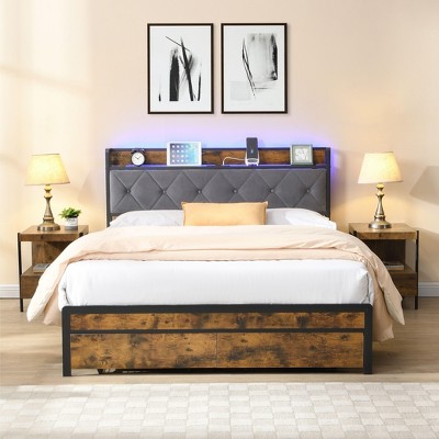 NicBex Bed Frame with Storage,Metal Bed Frame with LED Lights,Upholstered Headboard,2 Drawers,Charging Station,Bedframe No Box Spring Needed,Gray