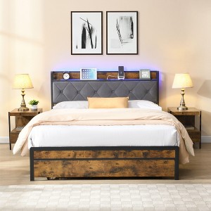 NicBex Bed Frame with Storage,Metal Bed Frame with LED Lights,Upholstered Headboard,2 Drawers,Charging Station,Bedframe No Box Spring Needed,Gray - 1 of 4