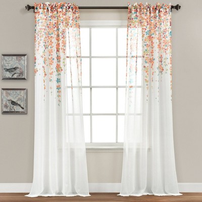 Set of 2 (84"x38") Weeping Flower Sheer Window Curtain Panels Turquoise/Tangerine - Lush Décor