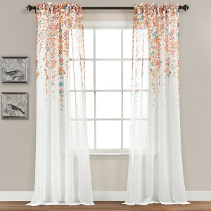 2pk 38"x84" Sheer Weeping Flower Curtain Panels Turquoise/Tangerine - Lush Décor - 1 of 4