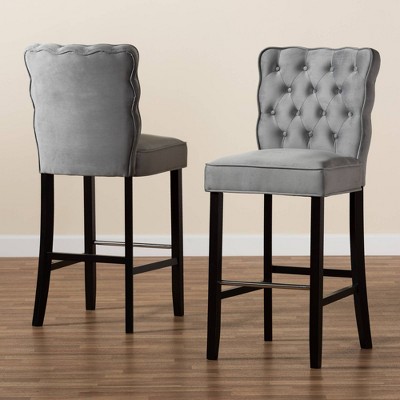 Adjustable Gray Velvet and Wood Bar Stool Set