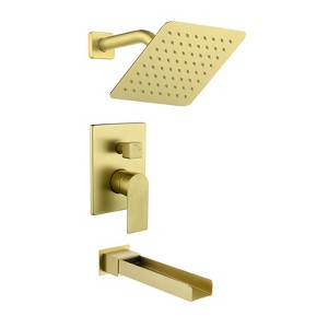 Cobbe Brushed Gold 8-Inch Square Shower Head and Tub Spout Shower Set Wall Mounted Rain Shower Faucet Kit with Valve - 1 of 4