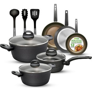 NutriChef 12-Piece Non-Stick Cookware Set with Metallic Ridge-Line Pattern NCCW12S - Multi-Sized Pots & Pans - 1 of 4