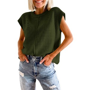 Womens Cap Sleeve Sweater Vest Crew Neck Knit Sleeveless Tank Tops Casual Lightweight Pullover Sweaters - 1 of 4