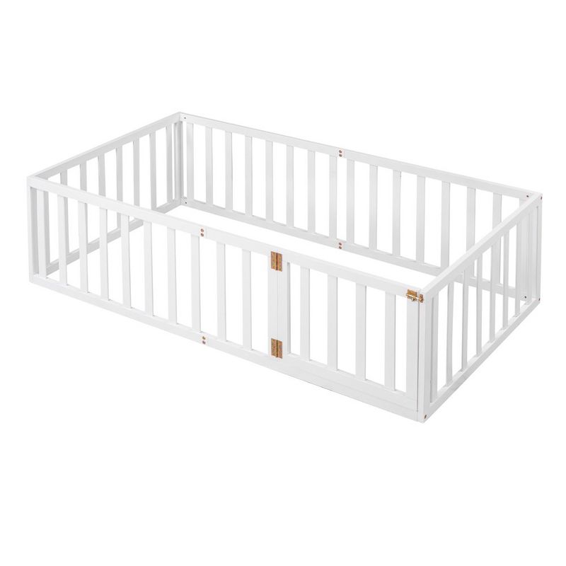 Twin Size Wood Floor Bed Frame With Full-Length Guardrail And Door, Versatile Open-Row Design Baby Play House, No Mattress, 3 of 9