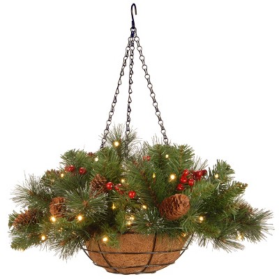 16" Pre-lit LED Battery Operated Crestwood Spruce Hanging Basket White Lights - National Tree Company