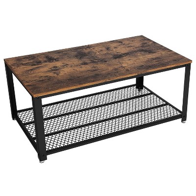 Metal Frame Coffee Table with Wooden Top and Mesh Bottom Shelf Brown and Black - Benzara