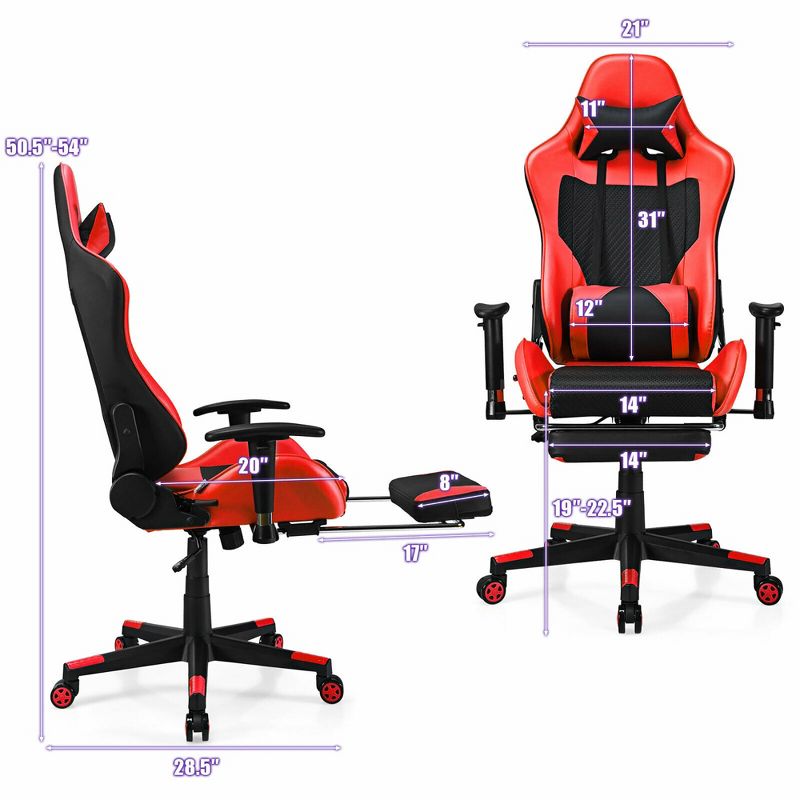 Costway  Gaming Chair Massage Reclining Racing Office Computer Chair with Footrest Red, 4 of 11