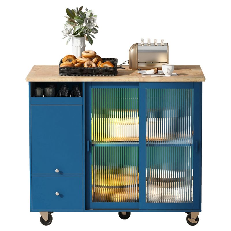 Kitchen Island with Drop Leaf and LED Light, Kitchen Island Cart with 2 Fluted Glass Doors, 1 Flip Cabinet Door and 2 Drawers - ModernLuxe, 4 of 13
