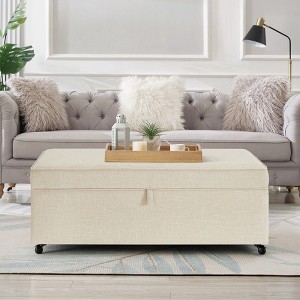 CAVINAS Linen Fabric Storage Ottoman Bench with Wheels,Upholstered Storage Ottoman,Storage Bench for Living Room,Bedroom - 1 of 4