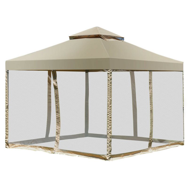 Costway Outdoor 2-Tier 10'x10' Gazebo Canopy Shelter Awning Tent Patio Garden Screw-free structure Brown, 1 of 9