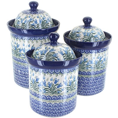 Blue Rose Polish Pottery Tulip Bouquet 3 PC Canister Set