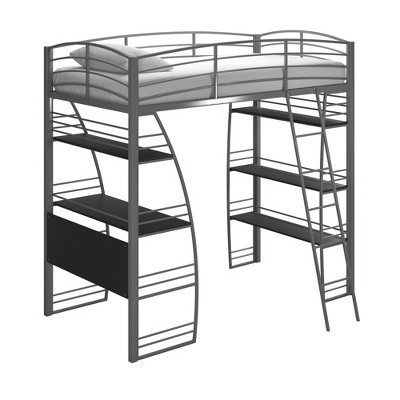 Silver Twin Metal Loft Bed with Desk and Shelves