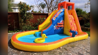 Drop Zone Multi-Color Inflatable Water Park with Slide and Cannon